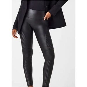 SPANX Black Faux Leather Moto Leggings, Women’s Medium Petite